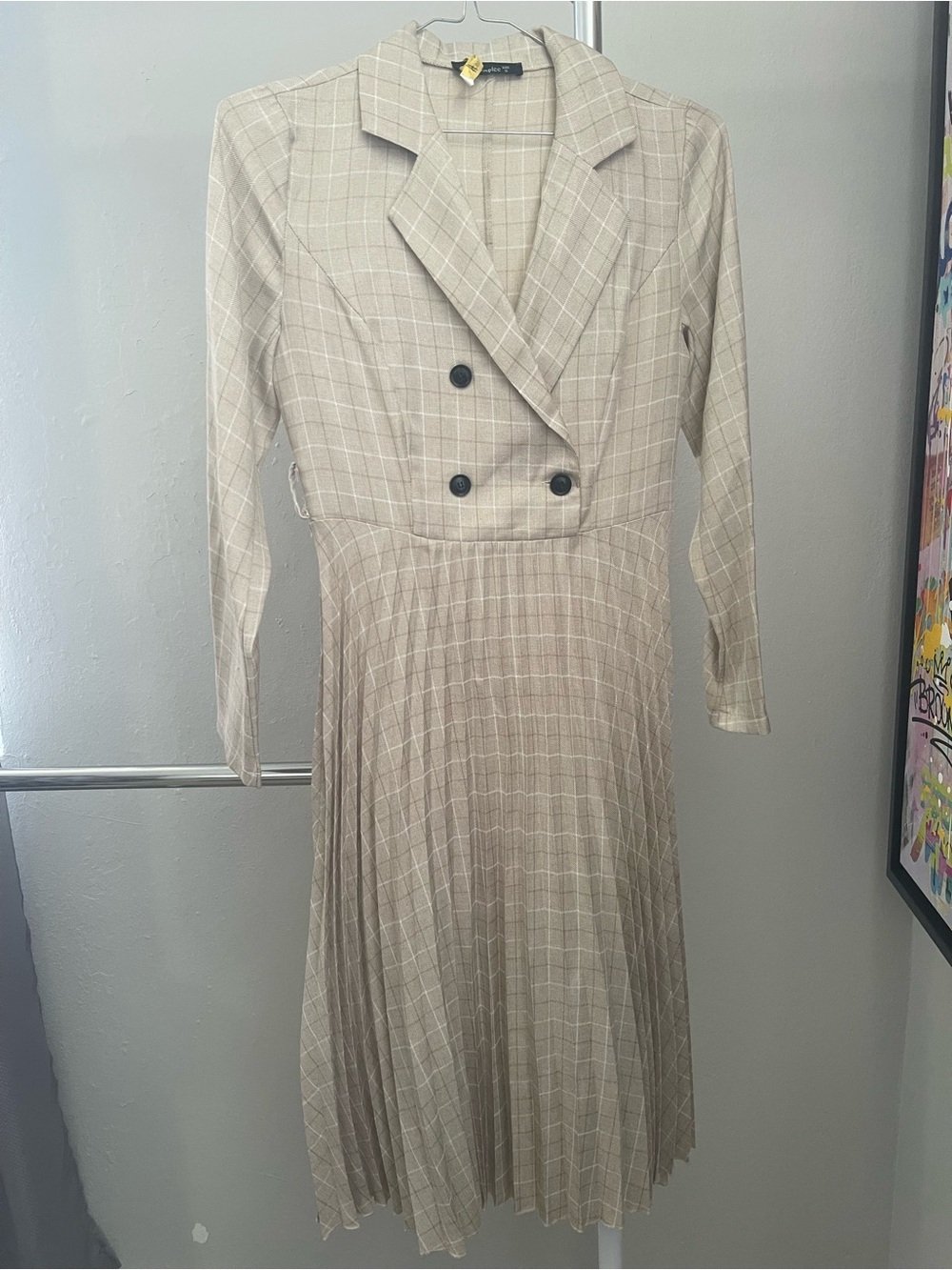 Simple Beige Plaid Long-Sleeve Double-Breasted Midi Dress